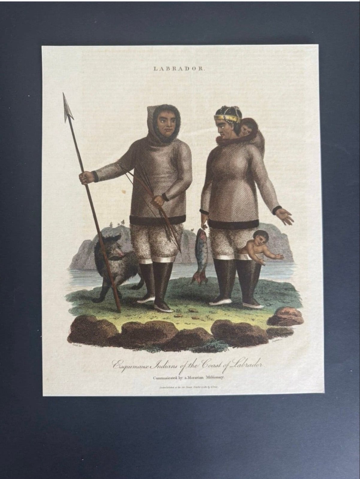 Antieke Handgekleurde Gravure Labrador Inuit - 18e Eeuw, Antiek en Kunst, Handgekleurd, Dagelijks leven, Ophalen of Verzenden