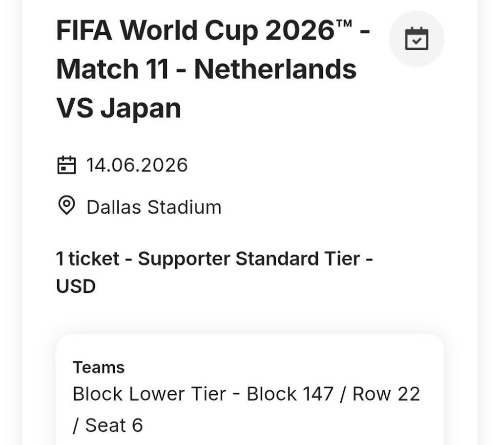 Nederland - Japan WK Tickets, Losse kaart, Eén persoon, Juni, Nederlands elftal