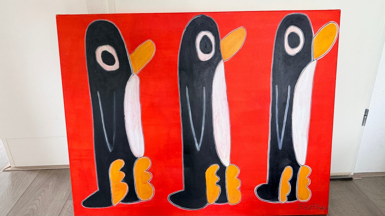 ASchilderij met pinguïns, Ophalen, Acrylverf, Dieren, Gesigneerd