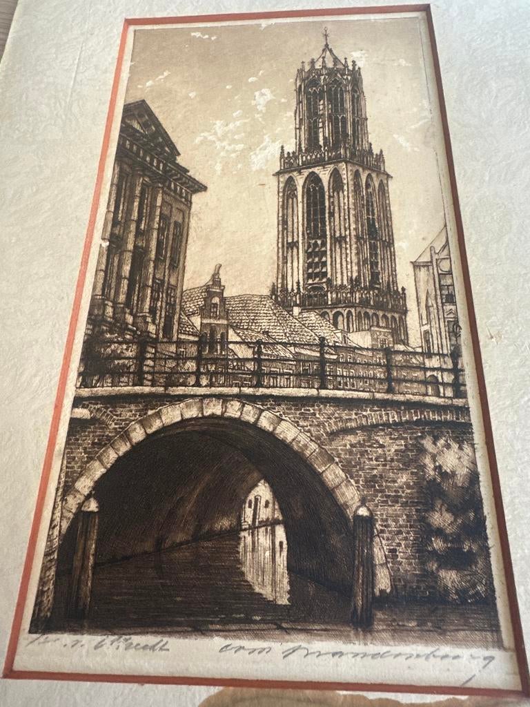 Ets Domtoren Utrecht vanaf Stadhuisbrug - Cornelis Brandenbu, Antiek en Kunst, Ets, Stadsgezicht, Ophalen of Verzenden, Gesigneerd