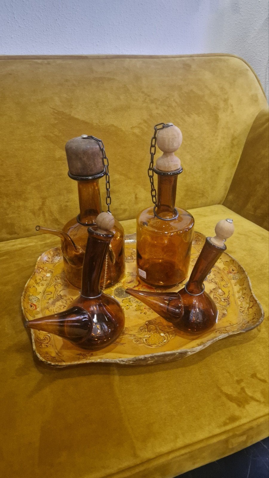 Diverse olie/azijn karaffen van amberglas, Antiek en Kunst, Ophalen of Verzenden