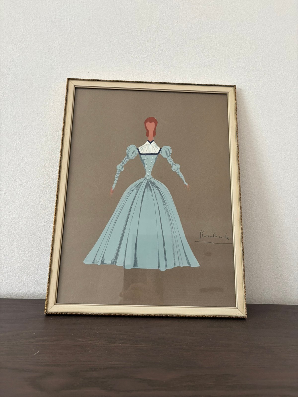 Vintage ingelijste kostuumschets van 'Rosalinde’ gouache., Ophalen of Verzenden, Gebruikt