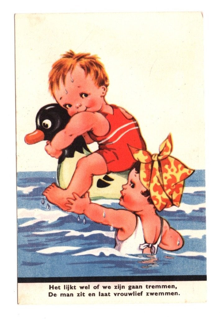 Oude Ansichtkaart Strand Kinderen Humor Zwemmen, Ophalen of Verzenden, 1940 tot 1960, Ongelopen, Overige thema's
