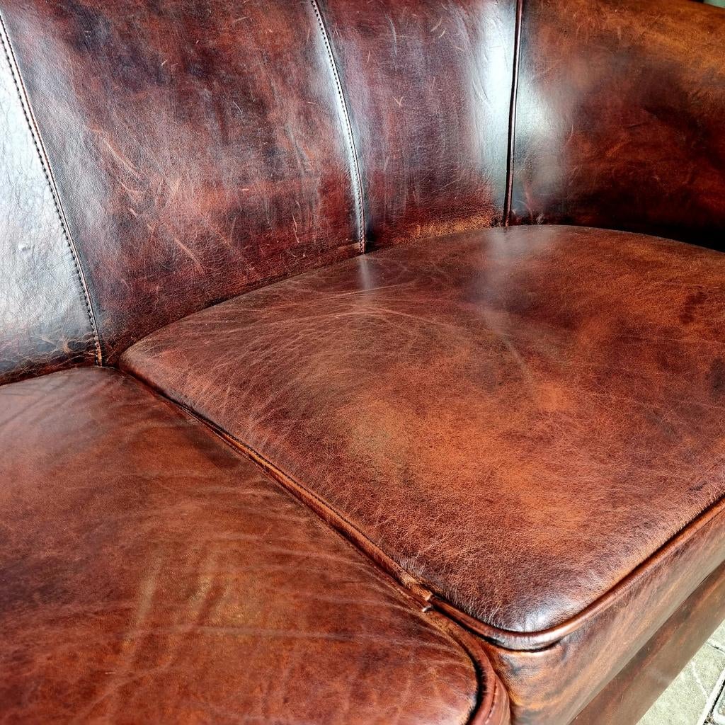 Schapenleren kuip bank bruin rood + BEZORGING, Gebruikt, ., 150 tot 200 cm, Chesterfield