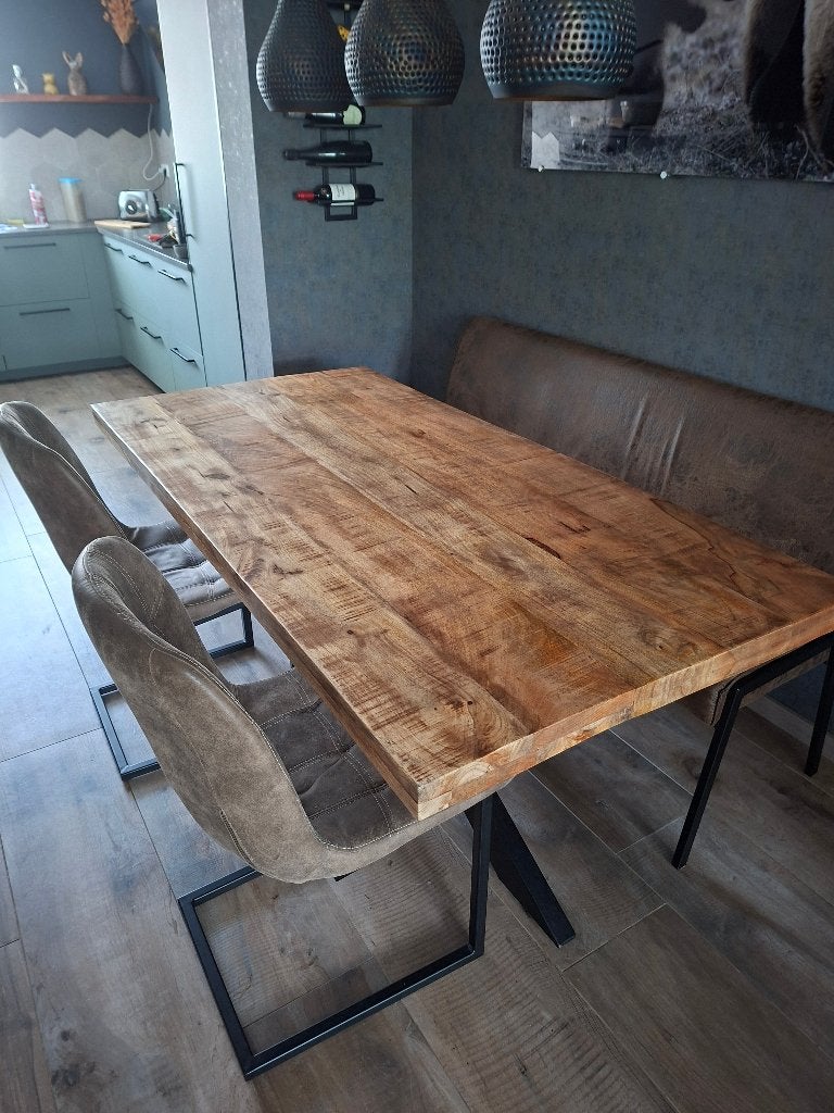 Eettafel 180x90 met stoelen en bank, Ophalen, Gebruikt, 50 tot 100 cm, Vijf personen of meer