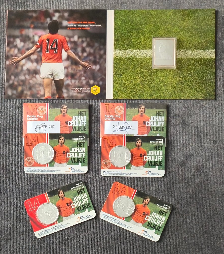 Johan Cruijff zilveren postzegel 4 x 5 euro munt BU / UNC, Setje, Koningin Beatrix, Zilver, Euro's