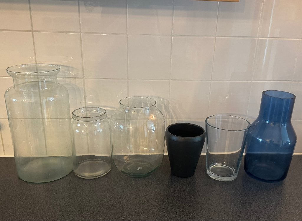 Set van 5 glazen vazen – diverse vormen en kleuren, Ophalen