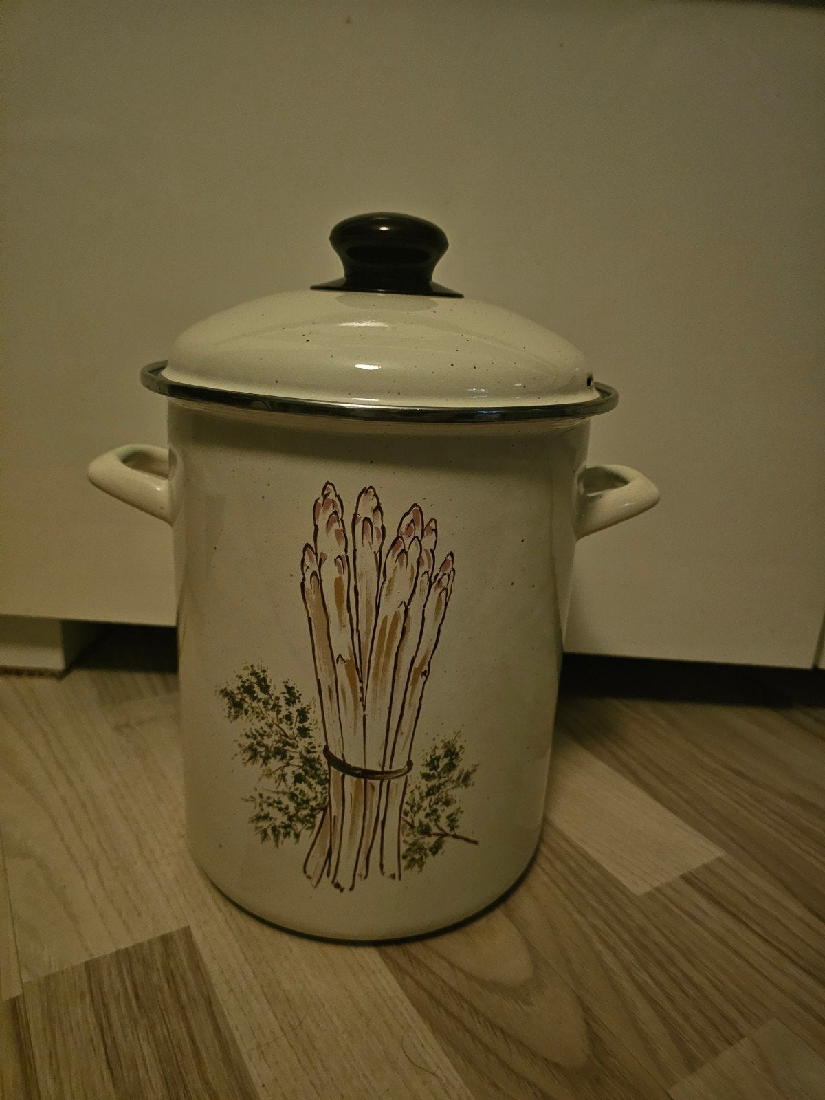 Vintage aspergepan met inzet, Ophalen of Verzenden, Zo goed als nieuw, Emaille, Kookpan