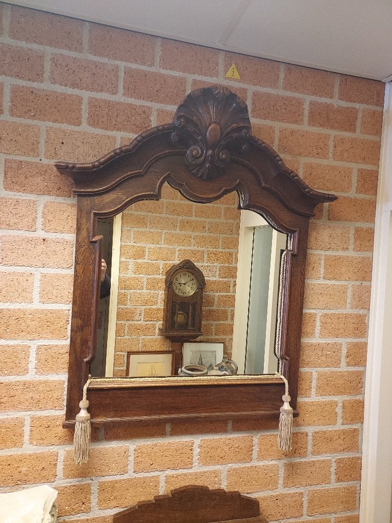 Antieke Barokspiegel, eiken lijst met gestoken kuif., Ophalen, Overige vormen, 50 tot 100 cm, 100 tot 150 cm