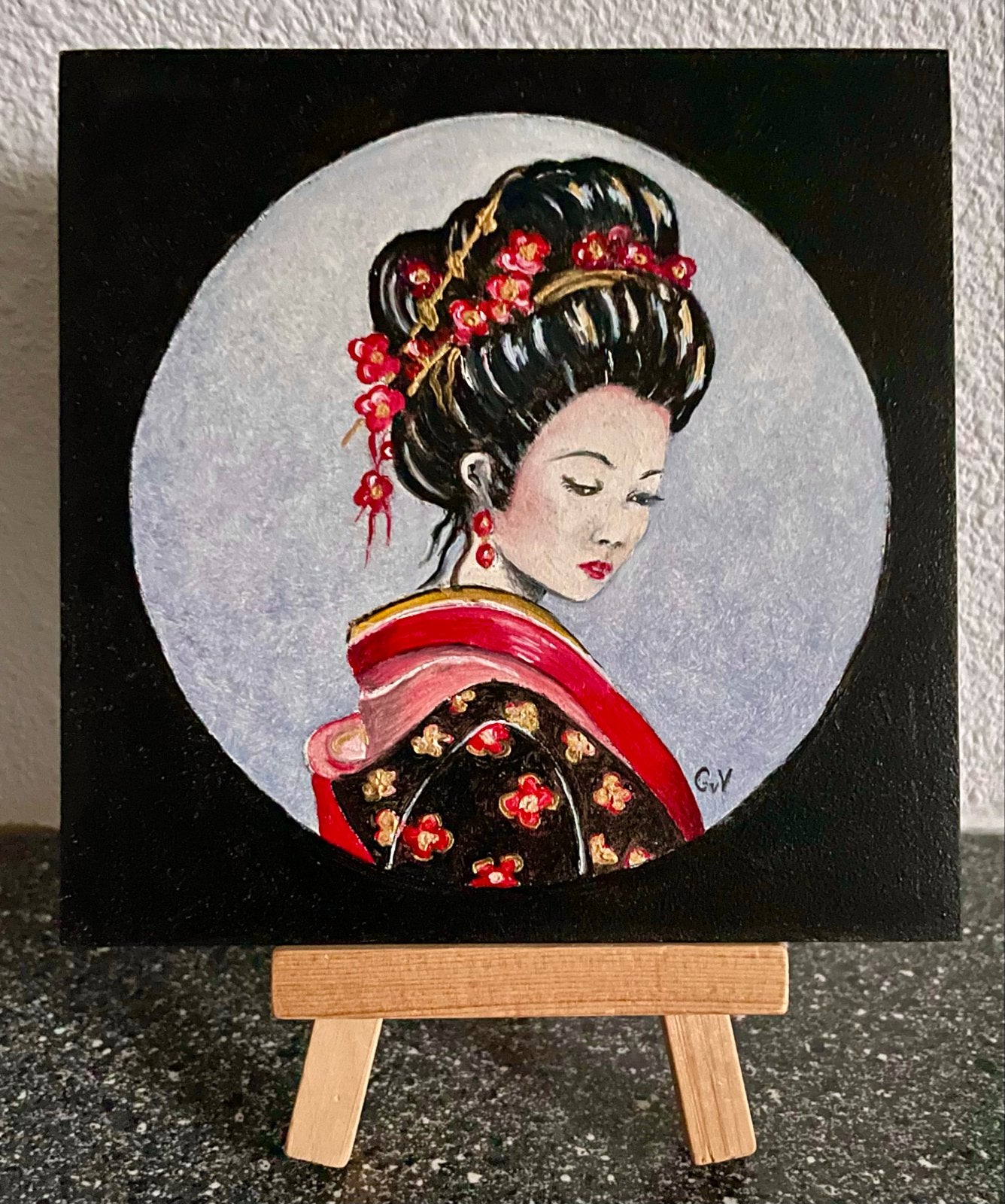 Schilderij Geisha in Kimono - Handgeschilderd, Antiek en Kunst, Hout, Ophalen of Verzenden, Portret, Gesigneerd