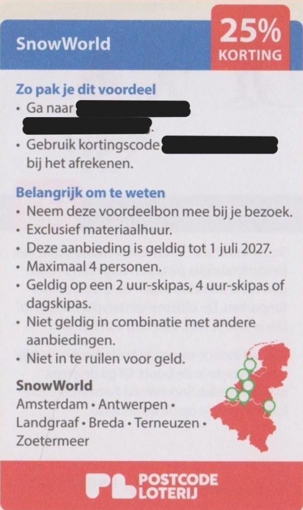 Snowworld 25% kortingsbon. Postcodeloterij kortingsbon., Tickets en Kaartjes, Recreatie | Pretparken en Attractieparken, Drie personen of meer