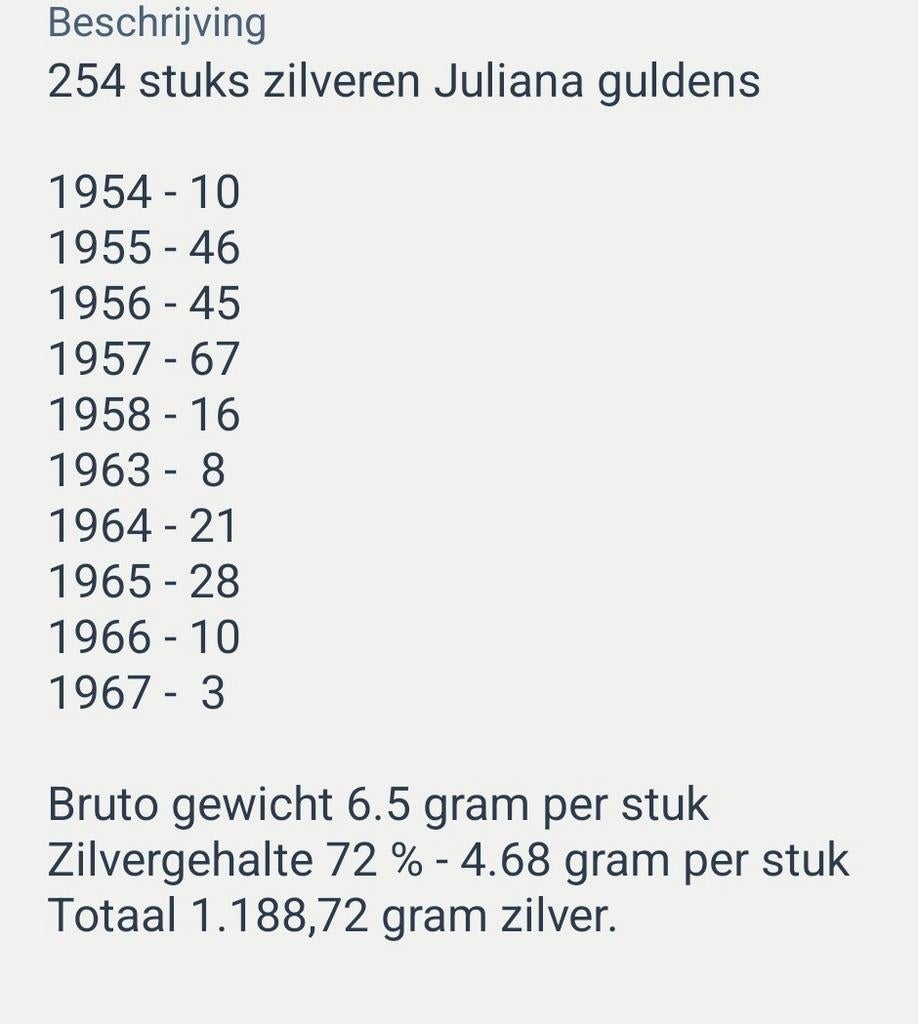 254 stuks zilveren Juliana guldens = 1188, 72 gram zilver., Postzegels en Munten, Munten | Nederland, 1 gulden, Koningin Juliana