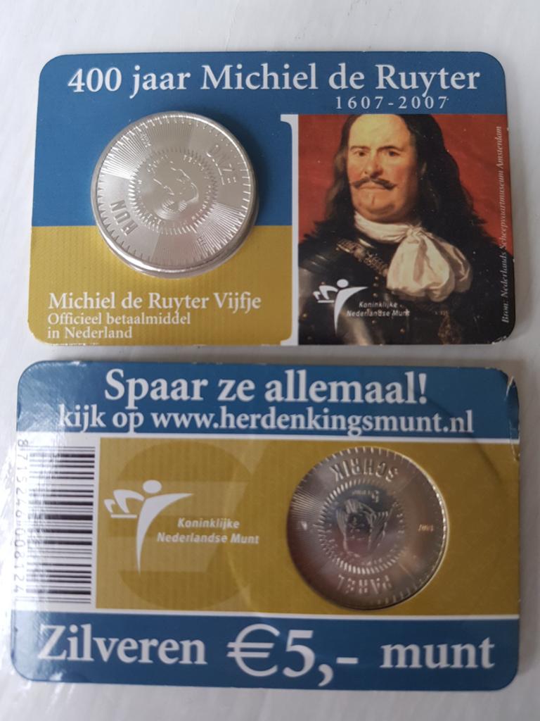Zilveren Michiel de Ruyter Vijfje 2007 - 400 jaar, Koningin Beatrix, Zilver, Euro's, Ophalen of Verzenden