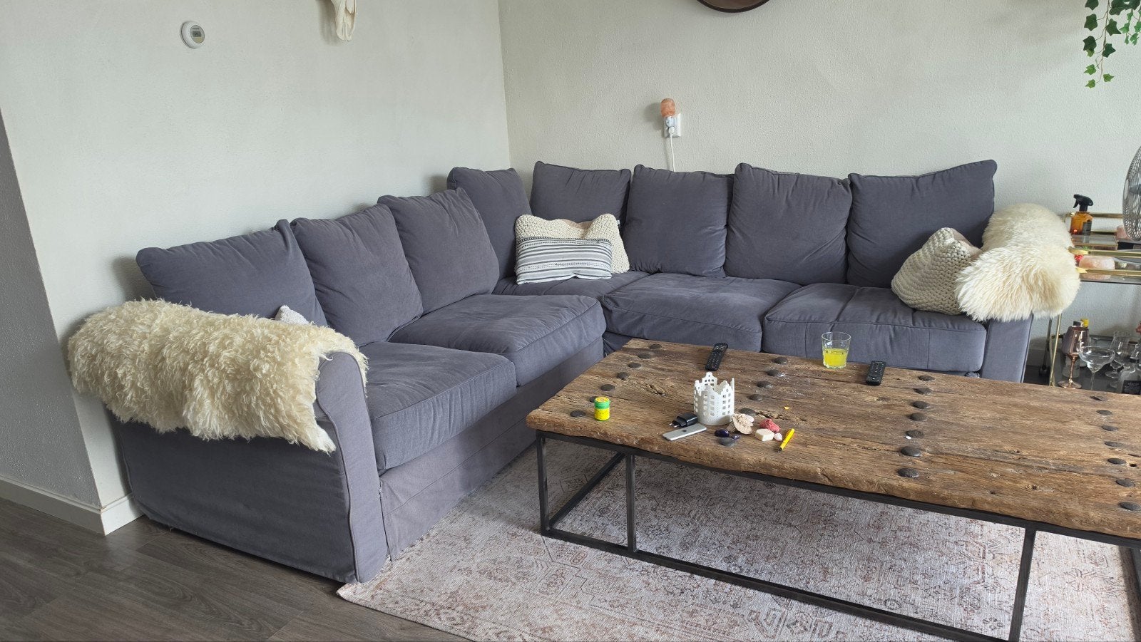 IKEA Gronlid 5-zits hoekbank met poef - Donkergrijs, Ophalen, 250 tot 300 cm, Gebruikt, 100 tot 125 cm
