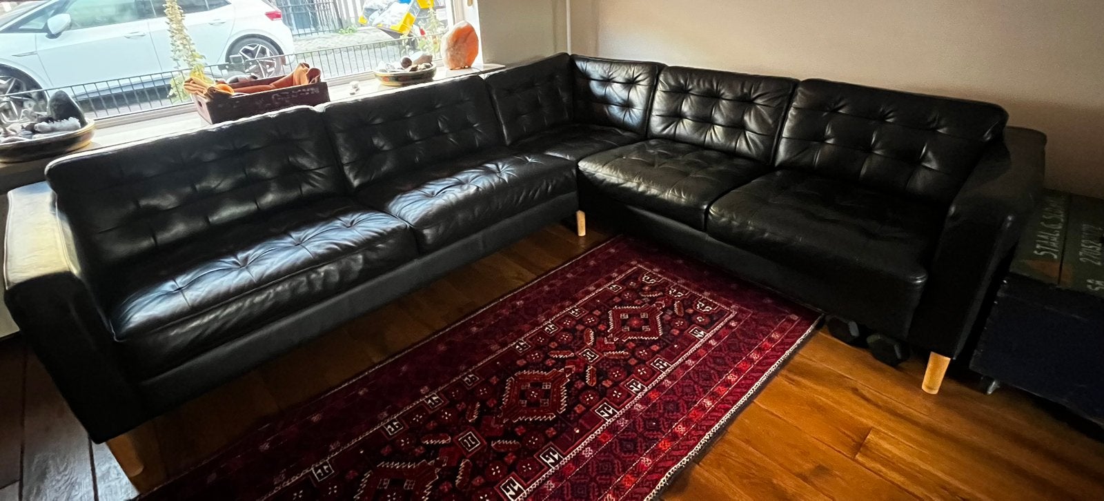 Landskrona hoekbank ikea zwart leder, Huis en Inrichting, Ophalen, Gebruikt, Hout