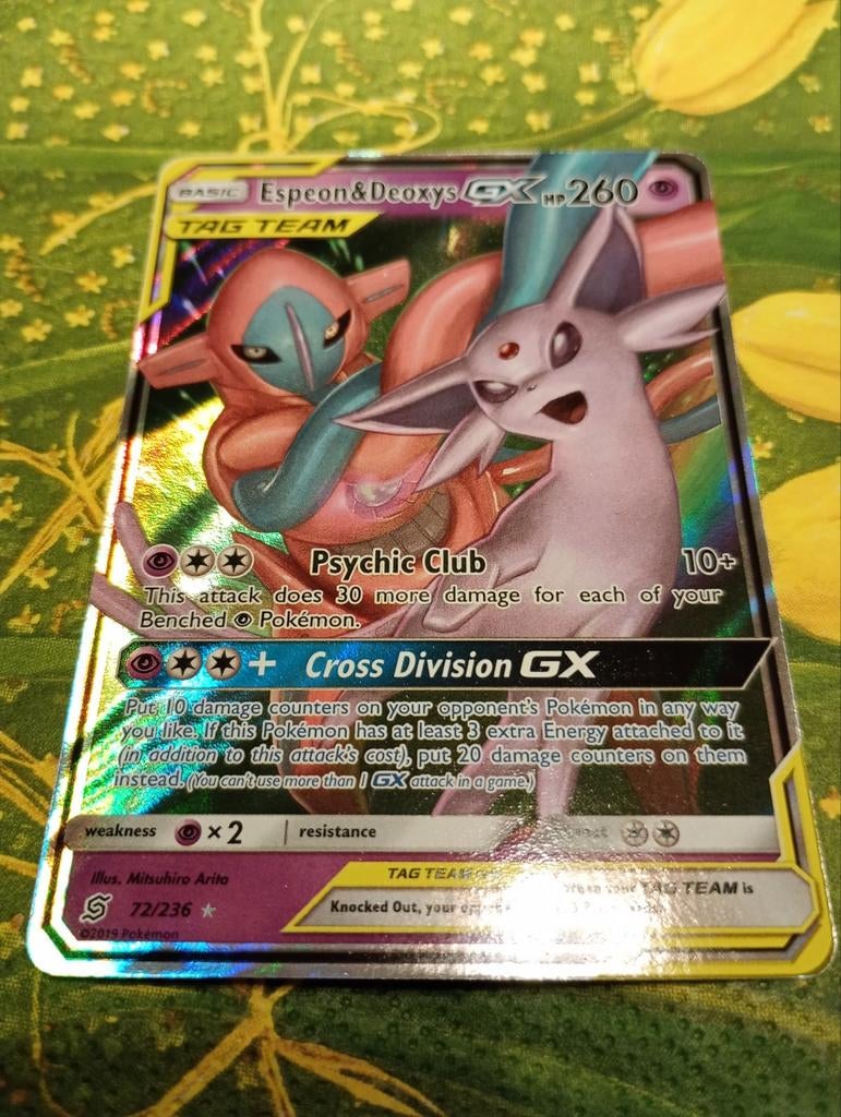 Espeon & Deoxys GX Tag Team, Ophalen of Verzenden, Zo goed als nieuw, Losse kaart, Foil