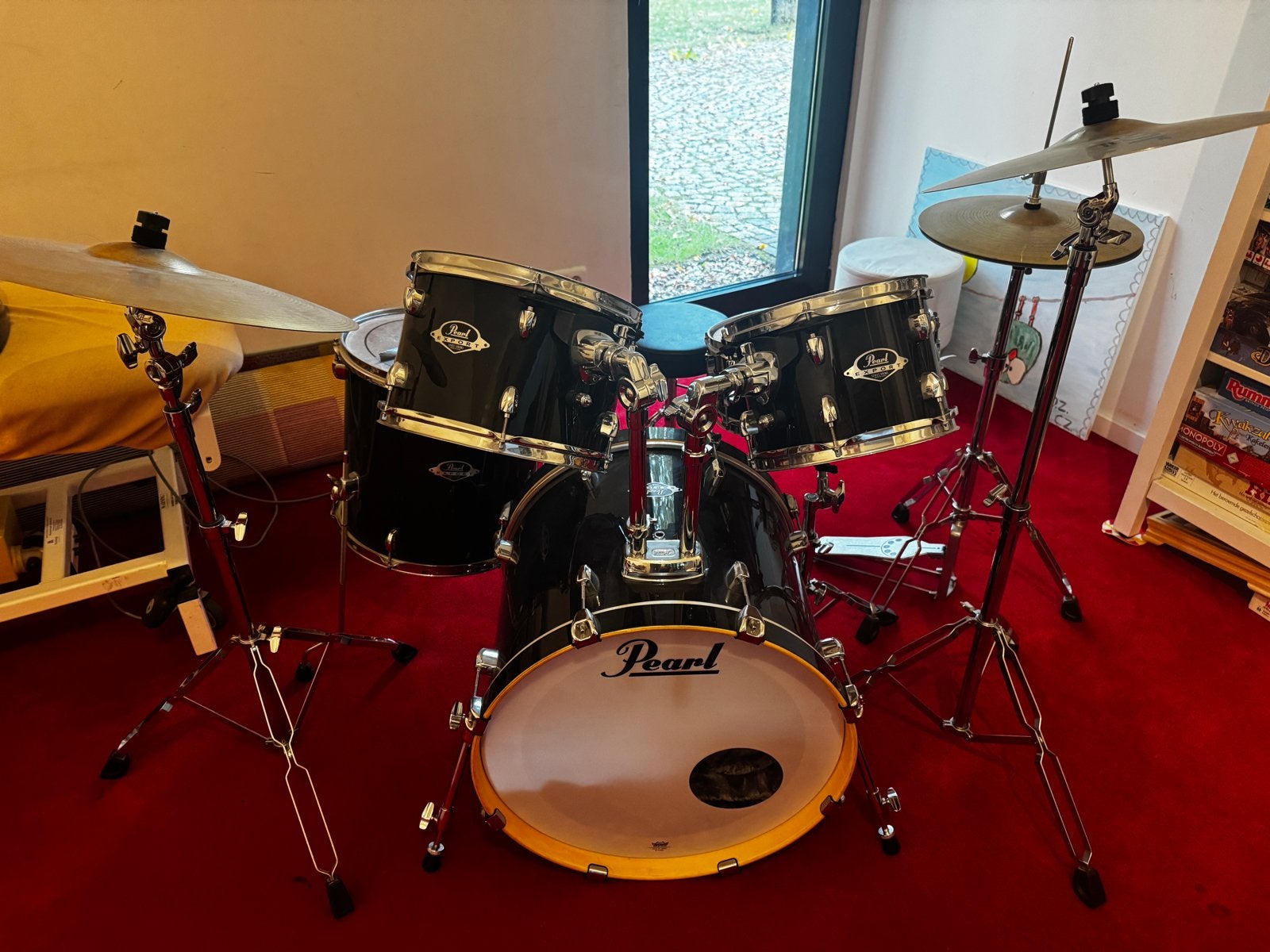 Pearl drumstel met bekkens (en kruk), Ophalen, Gebruikt, Pearl