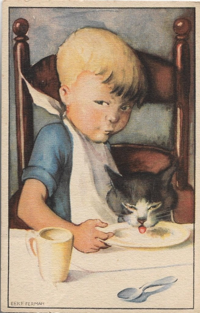 KINDEREN Jongen kat aan tafel. Tekening Eeke Ferman uit 1944, Verzenden, 1940 tot 1960, Gelopen, Kinderen