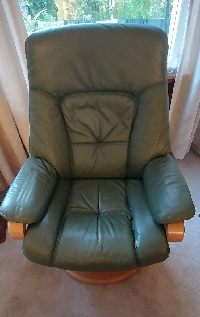 Prominent draai relax fauteuil van groen leder, Ophalen, Gebruikt, Minder dan 75 cm, Leer