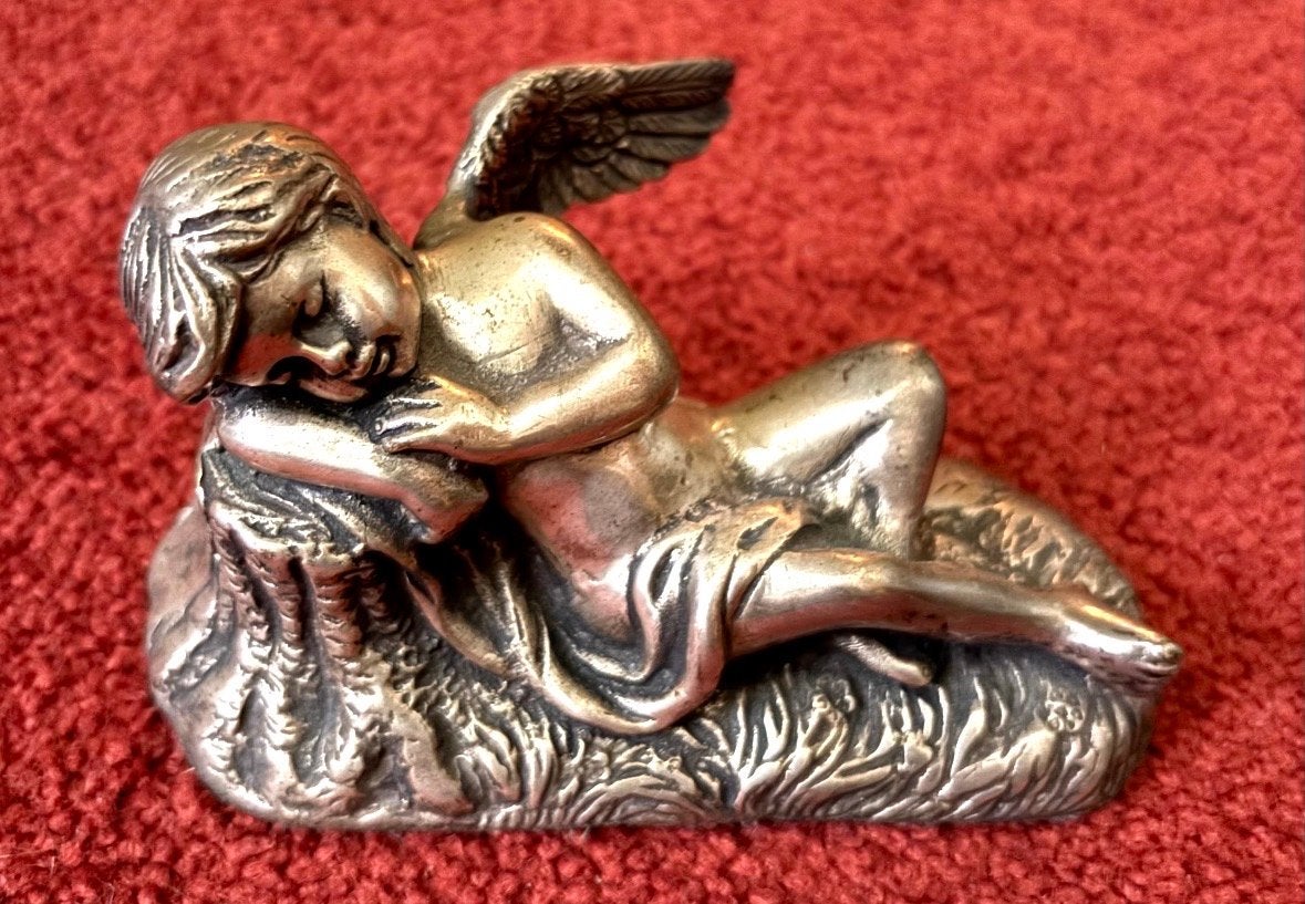 Vintage bronzen engel beeldje - slapende cherubijn, Antiek en Kunst, Ophalen of Verzenden