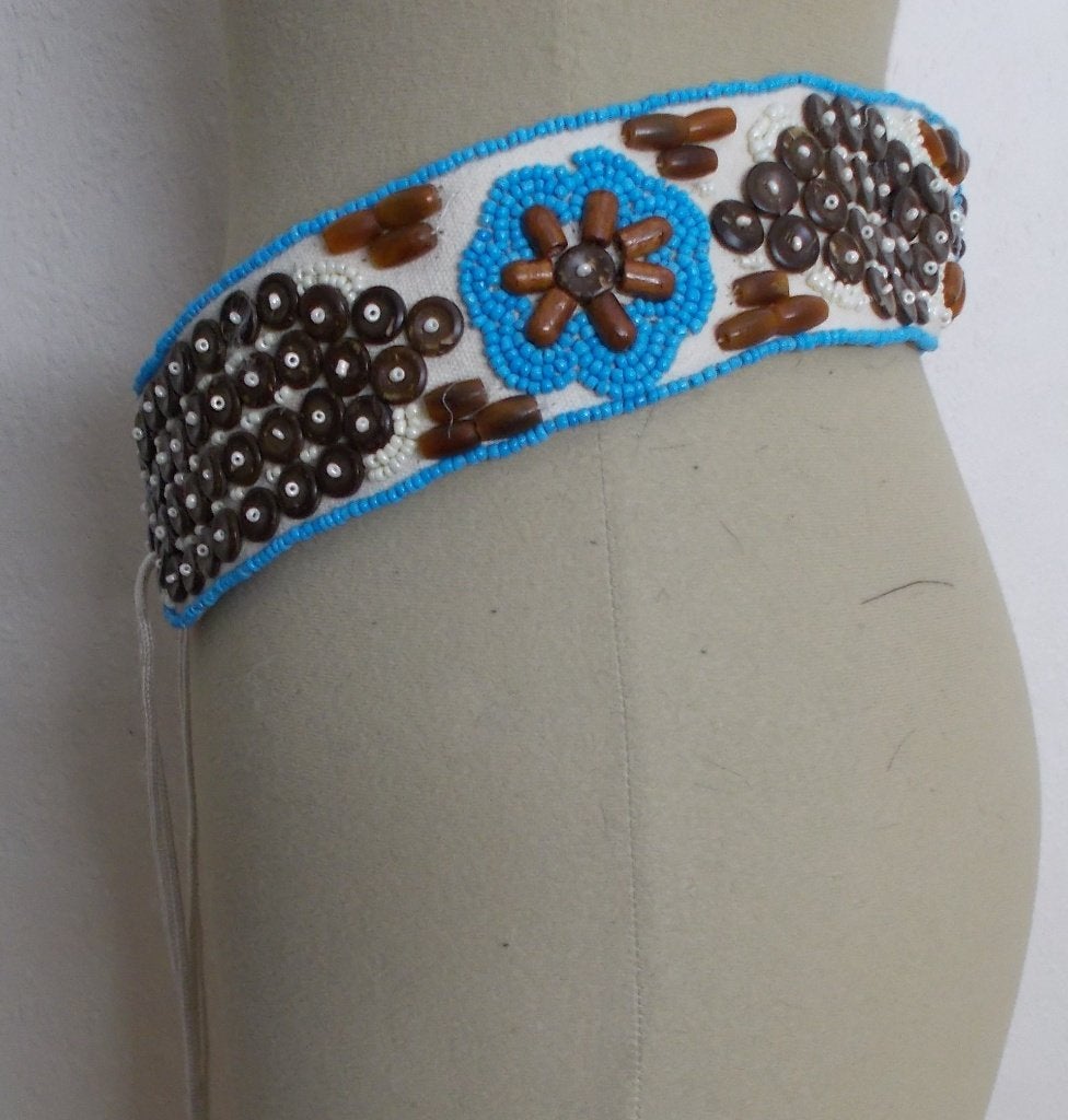 Aparte blauw/witte kralen bewerkte Ibiza heupriem., Overige kleuren, 5 cm of meer, Heupriem, Zo goed als nieuw