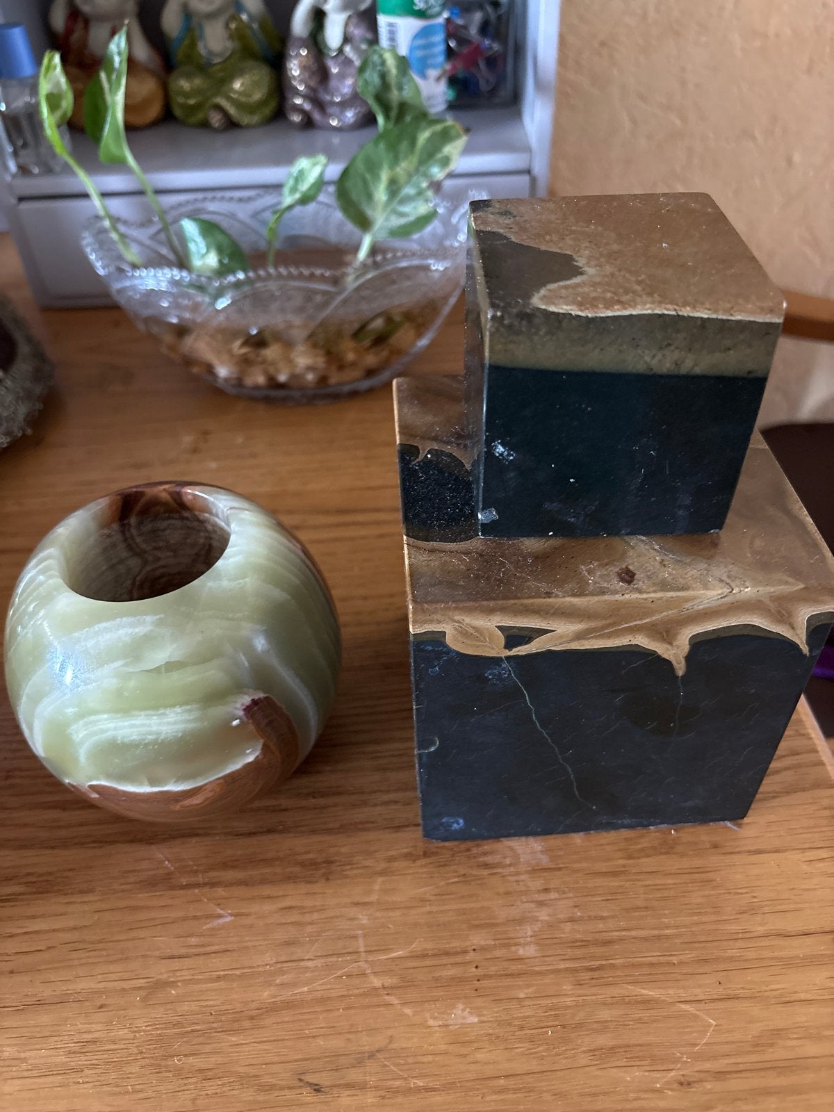 Decoratieve stenen set: Onyx theelichthouder en marmeren blo, Ophalen of Verzenden