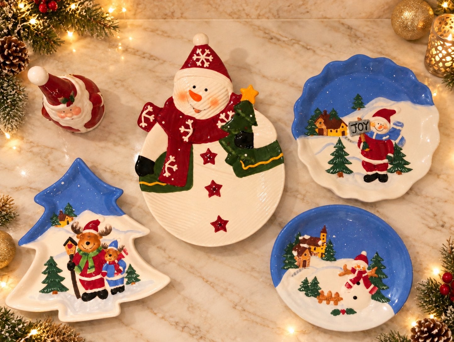 keramische kerstbordenset met sneeuwpop en kerstman, Diversen, Ophalen of Verzenden, Zo goed als nieuw