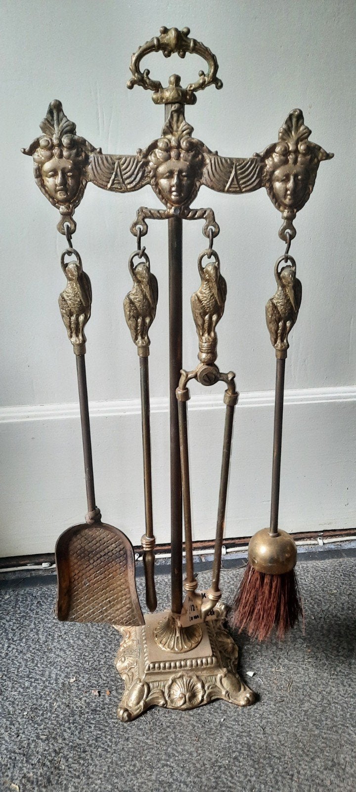 Antieke messing haardstel met 4-delig gereedschap, Ophalen of Verzenden