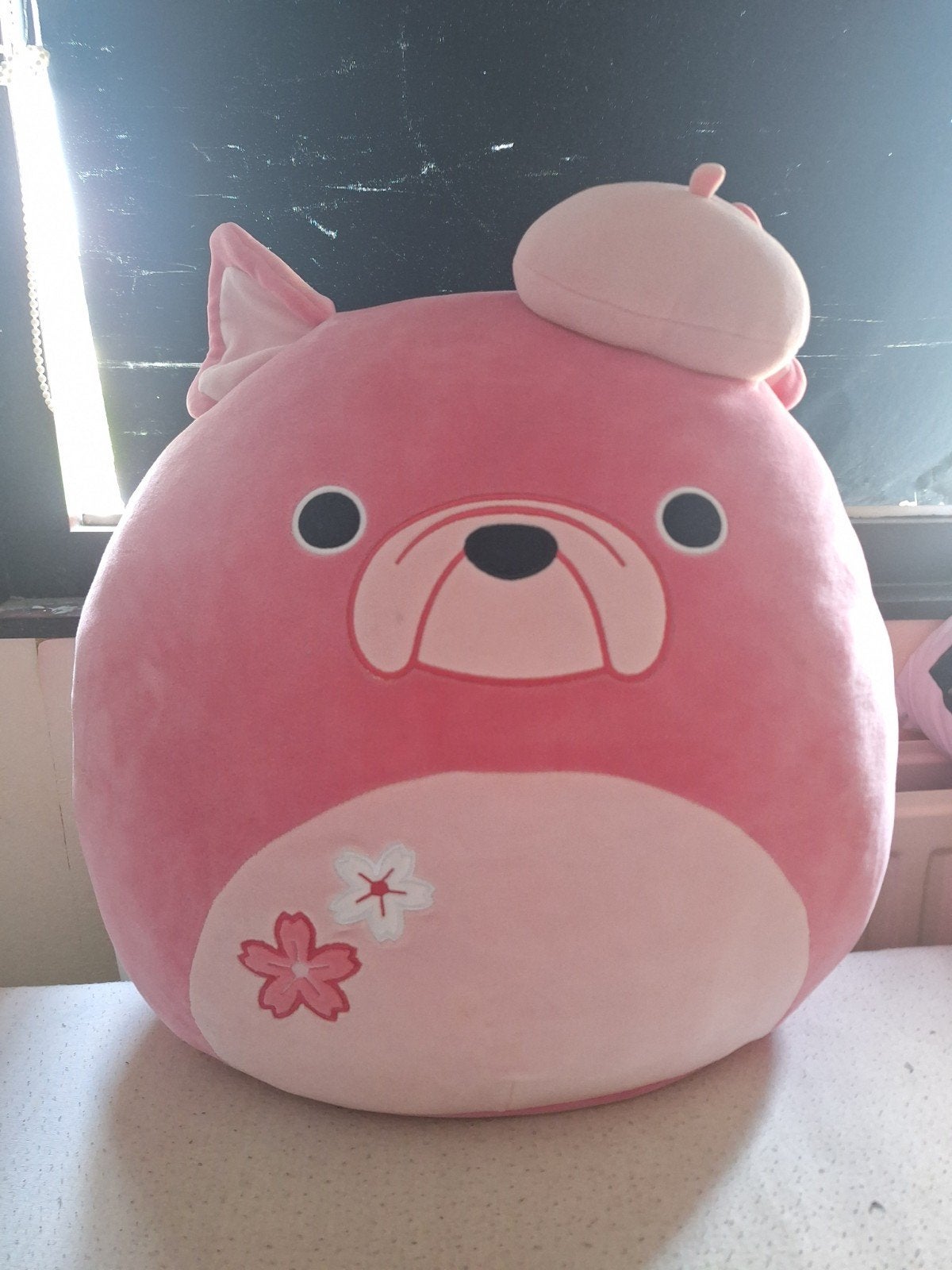 Grote roze hond knuffel met baret en bloemen, Ophalen of Verzenden