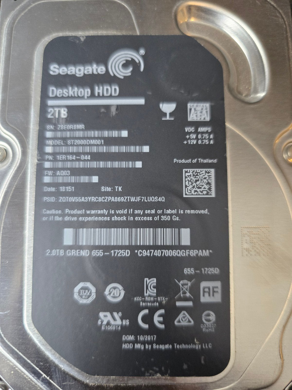Seagate Desktop HDD 2TB SATA Harde Schijf (ST2000DM001), Computers en Software, Harde schijven, Gebruikt, Desktop, Intern, HDD