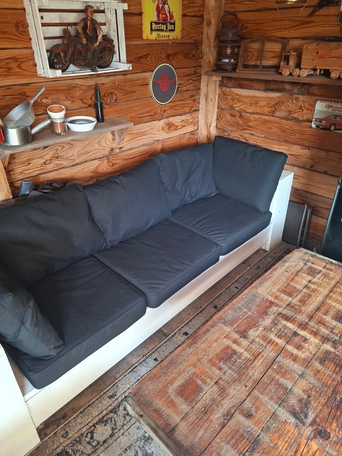Stevige houten loungebank met kussens, Ophalen, Gebruikt, Stof, 200 tot 250 cm