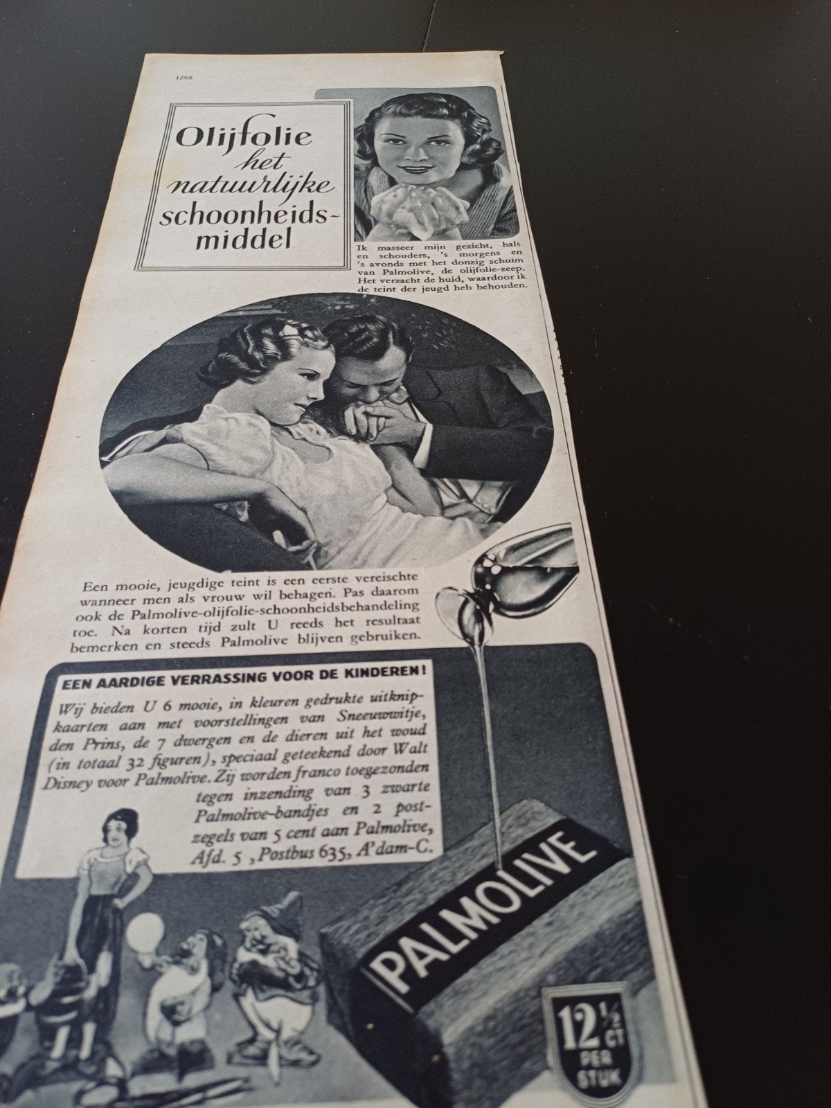 advertentie Palmolive olijfolie Sneeuwwitje 2 1939, Ophalen of Verzenden, 1920 tot 1940, Knipsel(s)