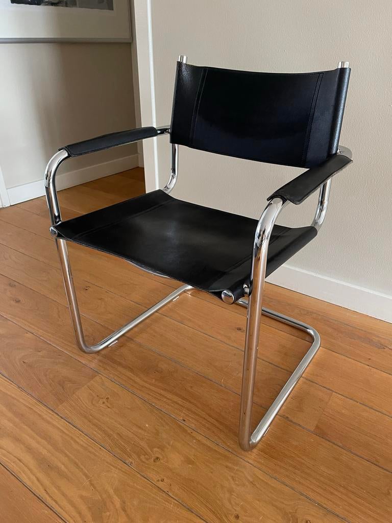 Thonet S34 Eetkamerstoel - Zwart Leer & Chroom, Ophalen, Gebruikt, Zwart, Leer