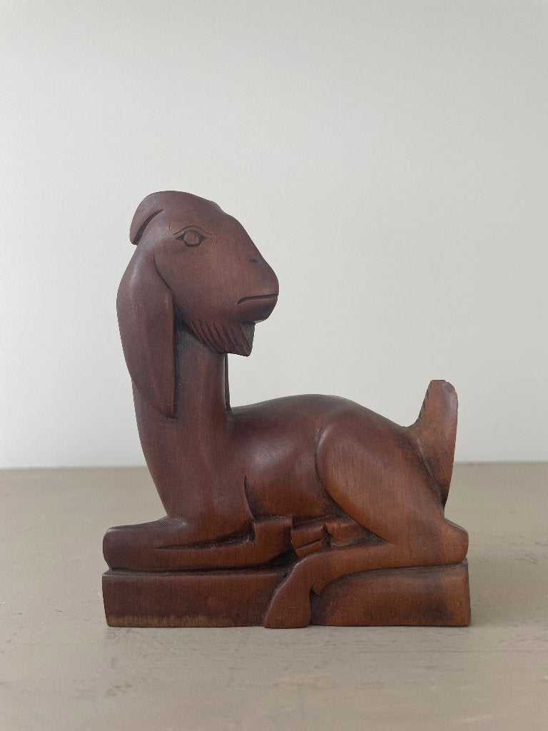 Houtgesneden Art Deco beeldje van een geit, Antiek en Kunst, Houtsnijwerk, Minder dan 20 cm, Art deco, Ophalen of Verzenden
