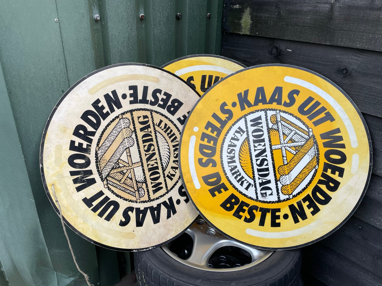 3 hard kunststof borden 'Kaas uit Woerden', Verzamelen, Ophalen, Gebruikt, Reclamebord