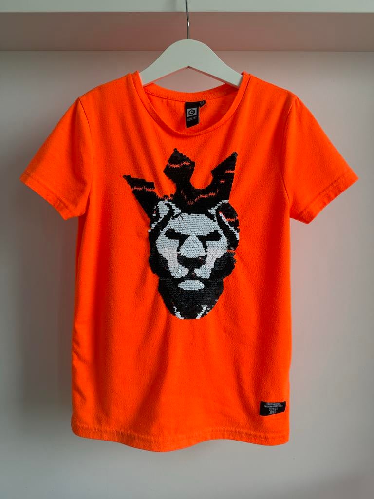 Coolcat T-shirt oranje met pailletten leeuw maat 122/128, Ophalen of Verzenden, Gebruikt, Jongen, Shirt of Longsleeve