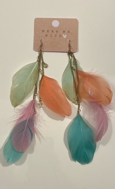 Oorbellen met multicolor veren, Overige materialen, Hangers, Overige kleuren, Nieuw