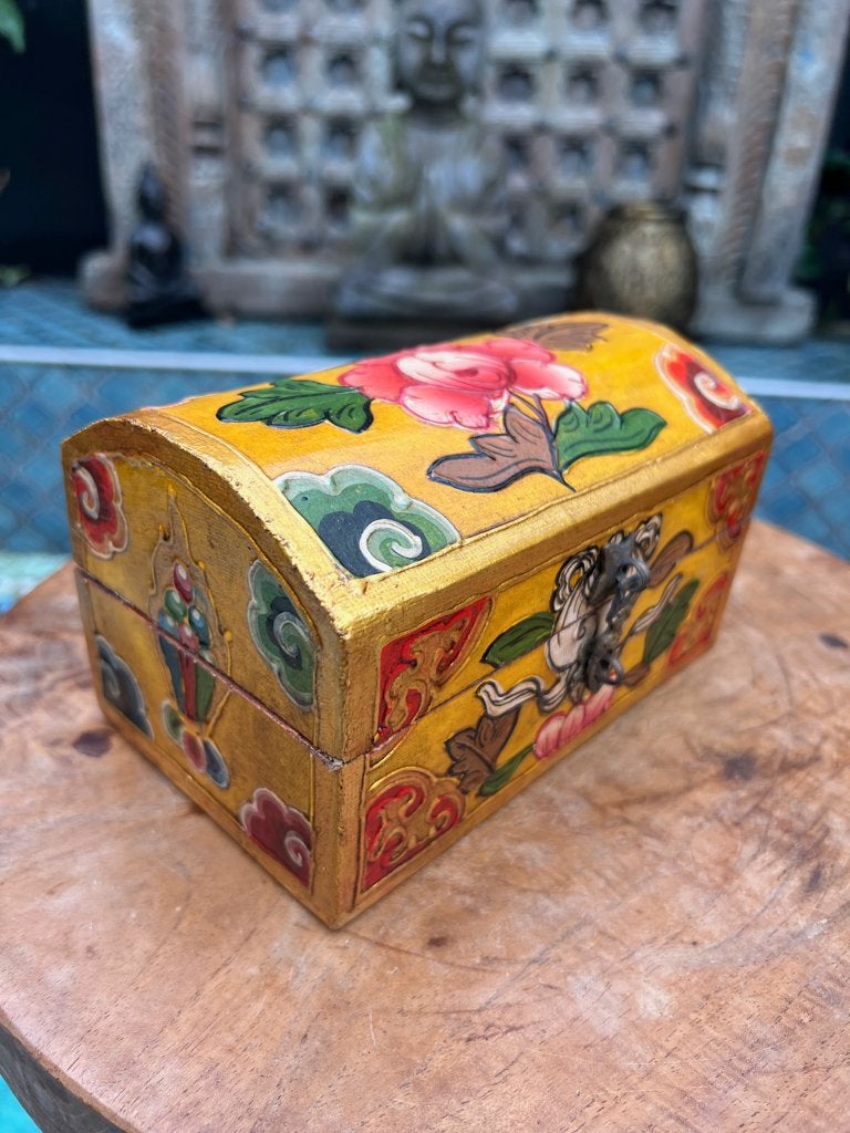 Tibetaans handwerk schatkistje kist Tibet geel, Huis en Inrichting, Minder dan 50 cm, Nieuw, Minder dan 50 cm, Ophalen of Verzenden