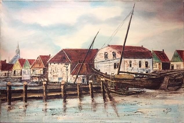 Schilderij Volendam Haven De Dijk Vintage Gesigneerd De Jong, Ophalen of Verzenden
