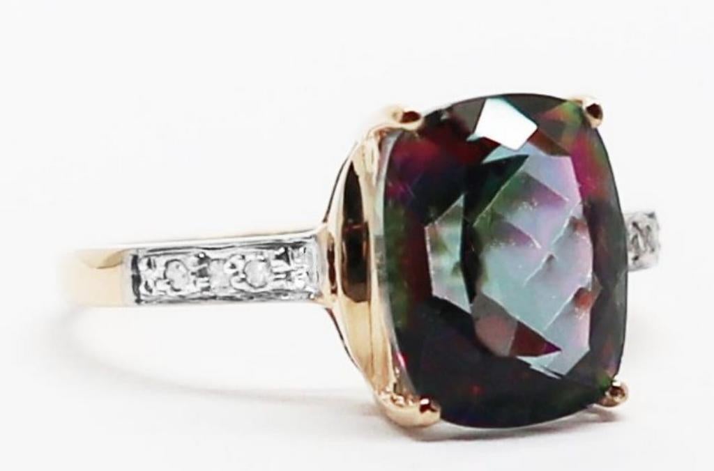 14kt Gouden Damesring Regenboog Topaas & Diamant, Met edelsteen, Nieuw, Ophalen of Verzenden, 17 tot 18