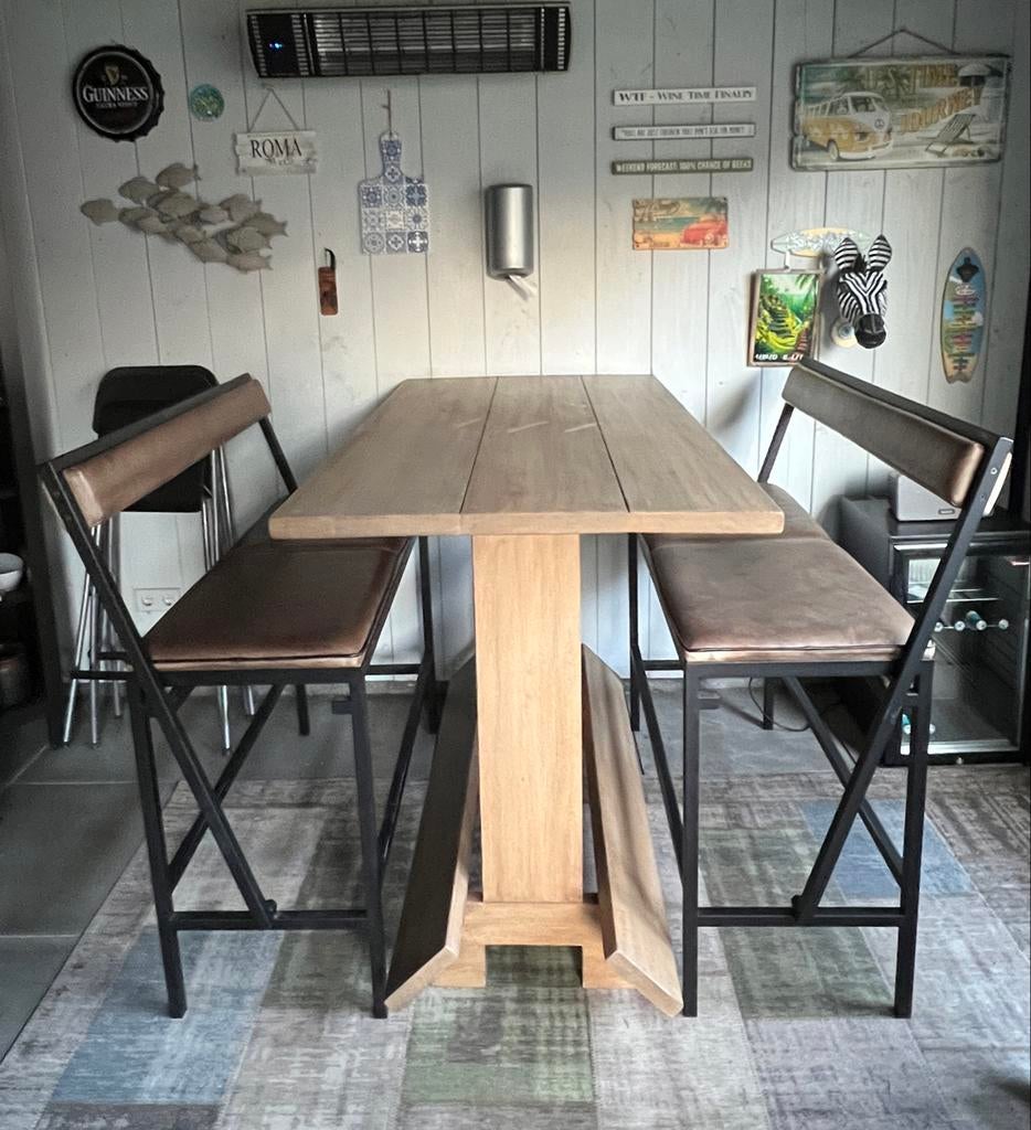 Topcombi: bartafel + 2 leren barkrukken van Artistiek, Huis en Inrichting, Tafels | Statafels, Ophalen, Gebruikt