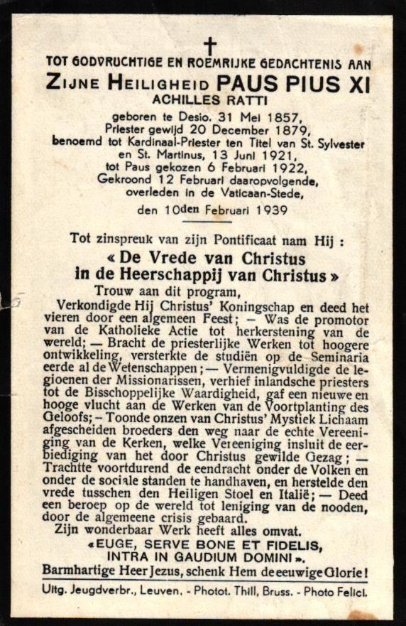 Paus Pius XI 1857-1939, Ophalen of Verzenden