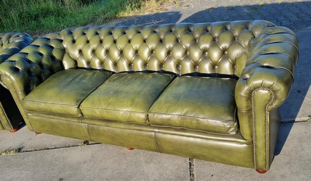 Chesterfield bankstel groen leer + BEZORGING GRATIS, Huis en Inrichting, Banken | Bankstellen, Gebruikt, Chesterfield, Ophalen of Verzenden