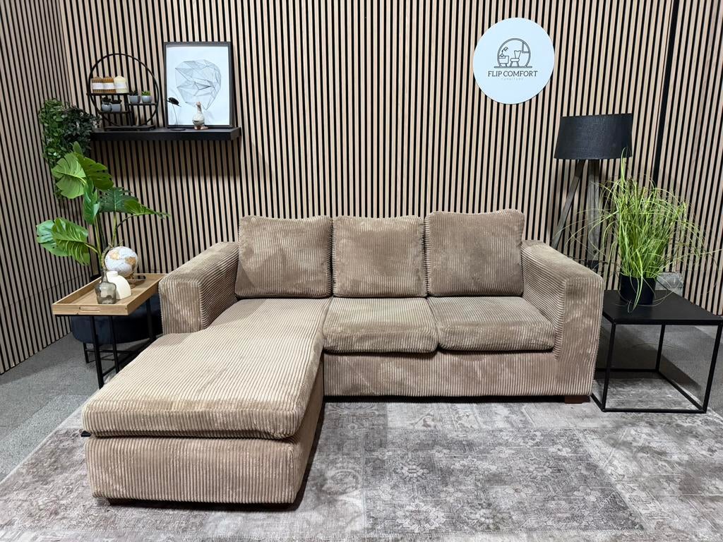 “GRATIS LEVERING’ Mooie beige ribstof hoekbank! 195x155, 125 tot 150 cm, Hoekbank, Driepersoons, Ophalen of Verzenden