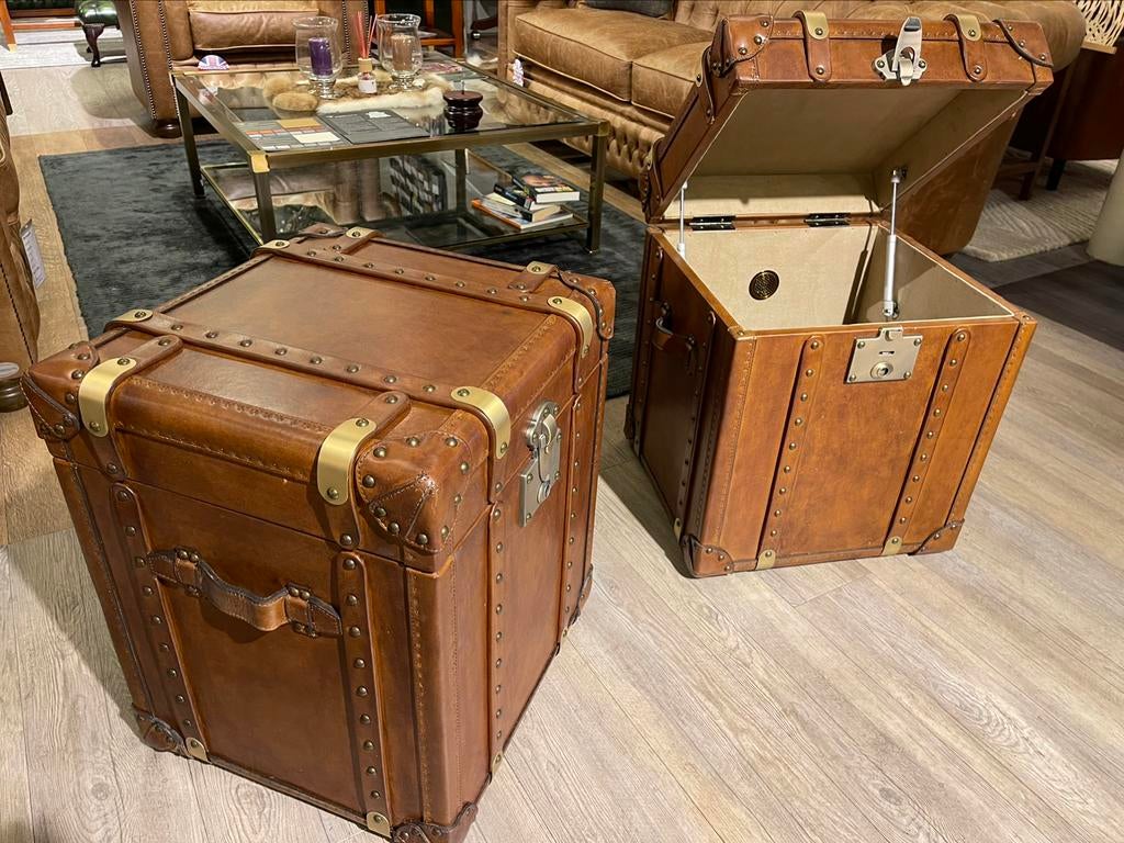 Stoere industriële leren koffer tafel Chesterfield Cognac, Huis en Inrichting, Ophalen of Verzenden, Nieuw, Rechthoekig, Overige materialen