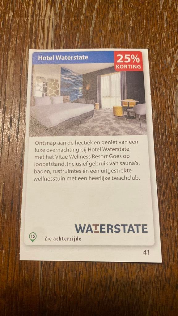 Kortingsbon Hotel Waterstate 25%, Tickets en Kaartjes, Kortingen en Cadeaubonnen, Twee personen, Spa of Sauna, Cadeaubon, Arrangement