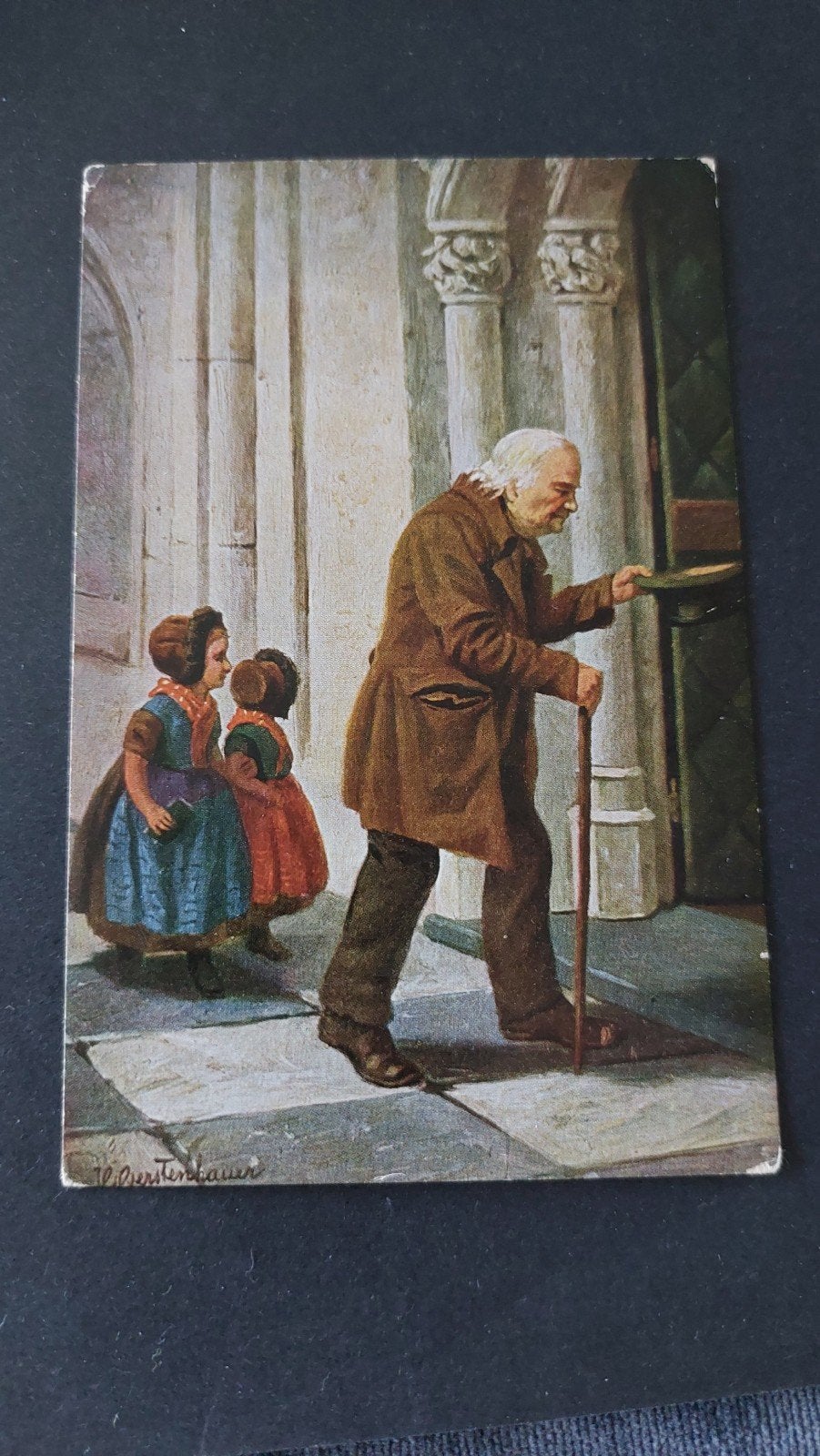 J.G. Gerstenhauer, Man en 2 kinderen klederdracht naar kerk, Verzenden, Voor 1920, Overige thema's