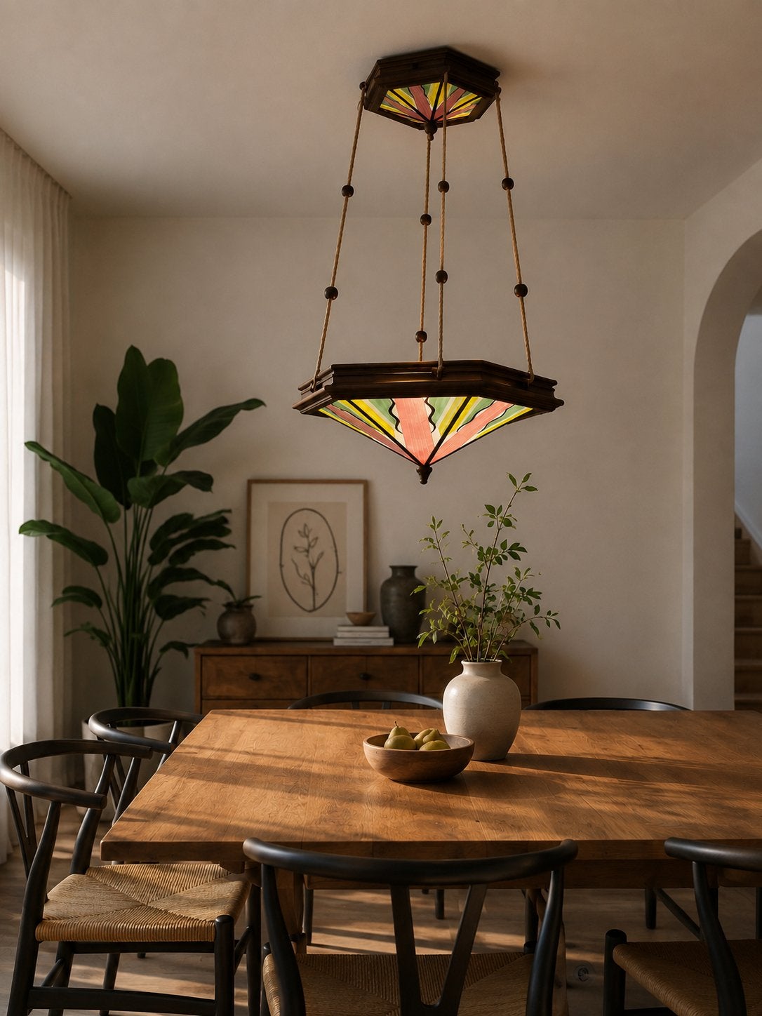 Amsterdamse School hanglamp  glas | ca. jaren 1920-1930, Ophalen, Gebruikt, Hout, Overige fittingen