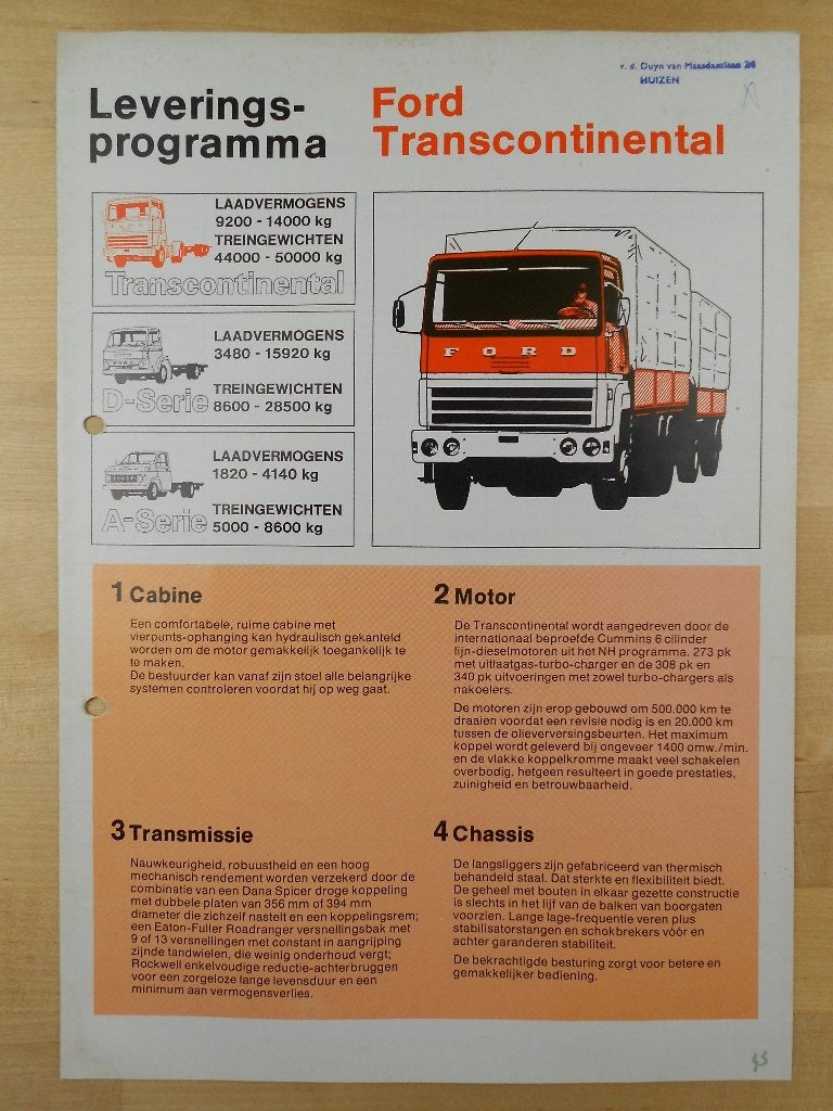 Ford Transcontinental Brochure ca 1978, Ford, Ophalen of Verzenden, Zo goed als nieuw, Ford