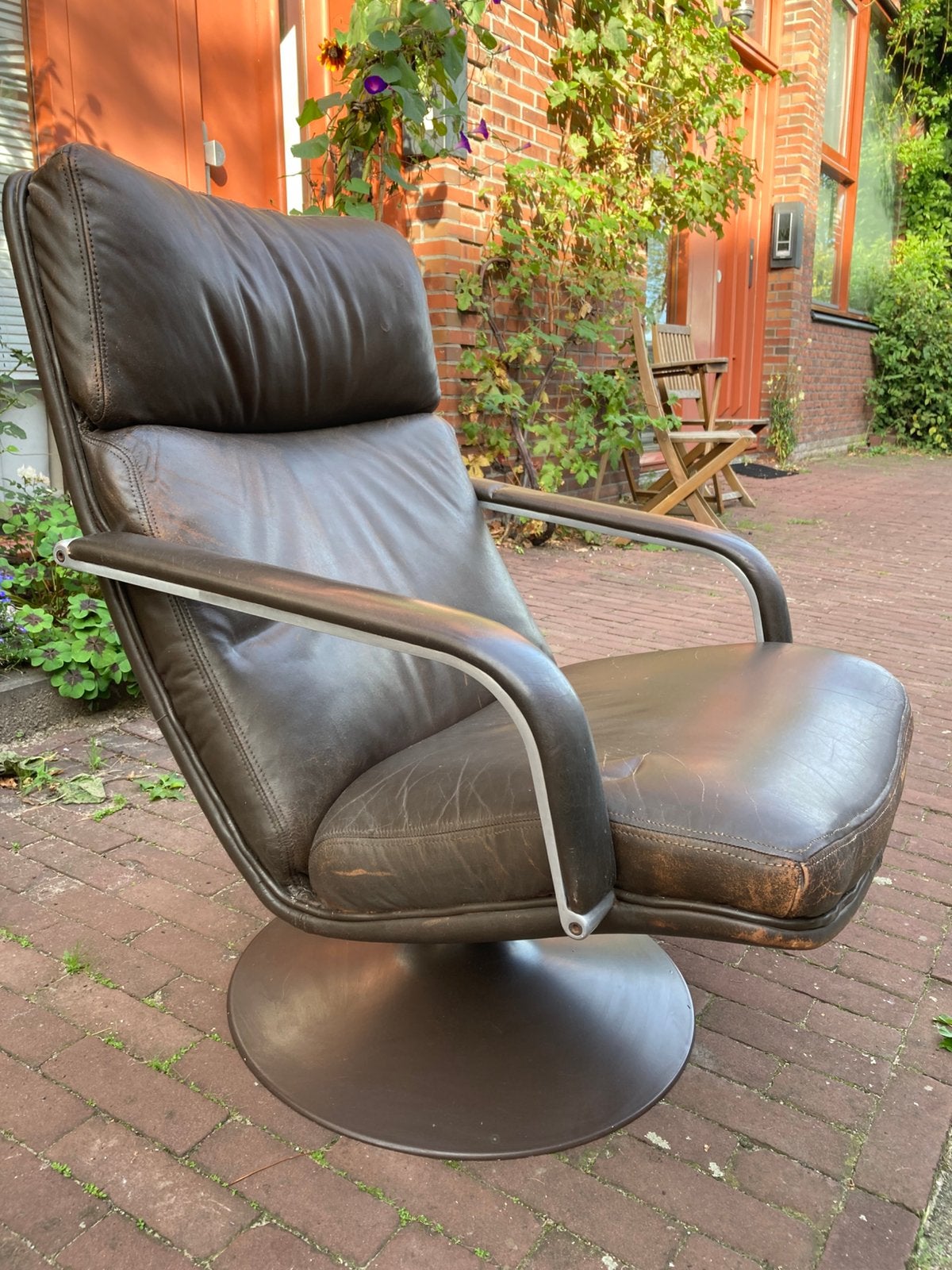 Lederen Artifort F142 Geoffrey Harcourt, Huis en Inrichting, Ophalen, Gebruikt, Minder dan 75 cm, Leer